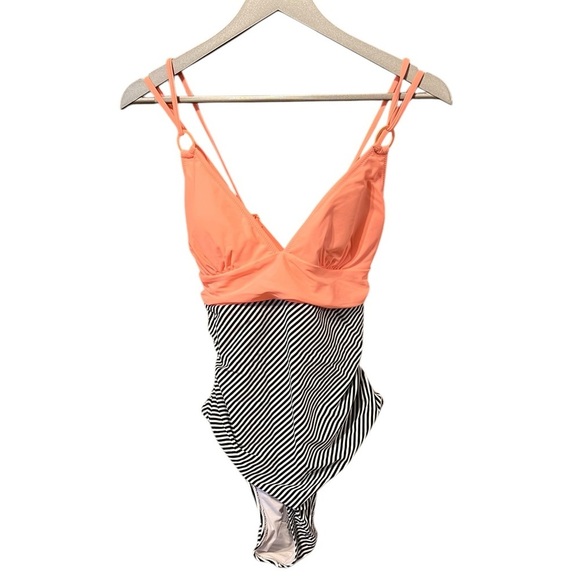 🟣CUPSHE Peachy and Black & White Striped Tummy Control One-Piece Swimsuit XXL - Picture 9 of 9